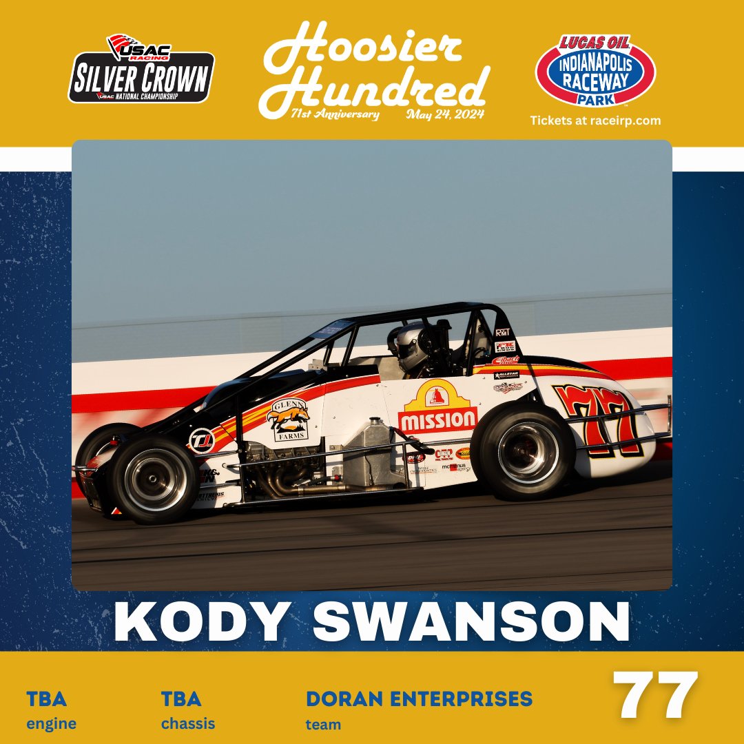 It wouldn't be a big @USACNation Silver Crown Series race without the seven-time National Champion, @kodyswanson. 🏆️ We welcome Kody back to Lucas Oil IRP for the 71st Anniversary Hoosier Hundred! Get your tickets to see this historic race on May 24! 🎫 bit.ly/2024_CarbNight…