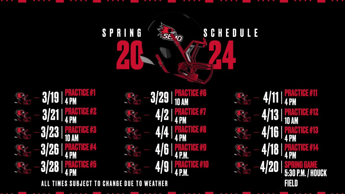 Spring Break this week and Spring Ball next week. The Redhawks begin their series of 15 spring practices on March 19. Here is SEMO's complete schedule which culminates with the annual spring game on Apr. 20. #FeelinRowdy