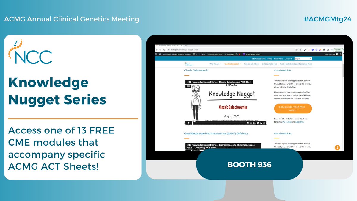 To celebrate PRESENT day of #MedicalGeneticsAwarness Week, we are thrilled to share some of our resources at NCC, including new additions to our Knowledge Nugget Series! Stop by #936 to learn more about the Knowledge Nuggets and more! nccrcg.org/knowledge-nugg…