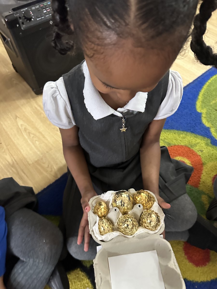 Rec_StSilas's tweet photo. We were so excited to discover some magical golden eggs. We made predictions as to who they belong to. We think they are beginning to hatch! 

 @stsilasschool #SilasReading https://t.co/oJuUJeapm4