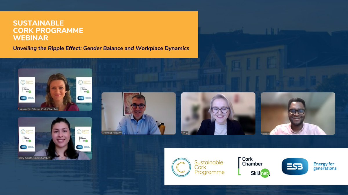 We had a dynamic discussion this morning on gender balance in the workplace in our #SustainableCork Programme webinar with expert panelists: Aongus Hegarty @BalanceForBiz, Zoe Deverell @ESBGroup & Manny Adeleke @DeloitteIreland. In association with @corkskillnet & @ESBGroup
