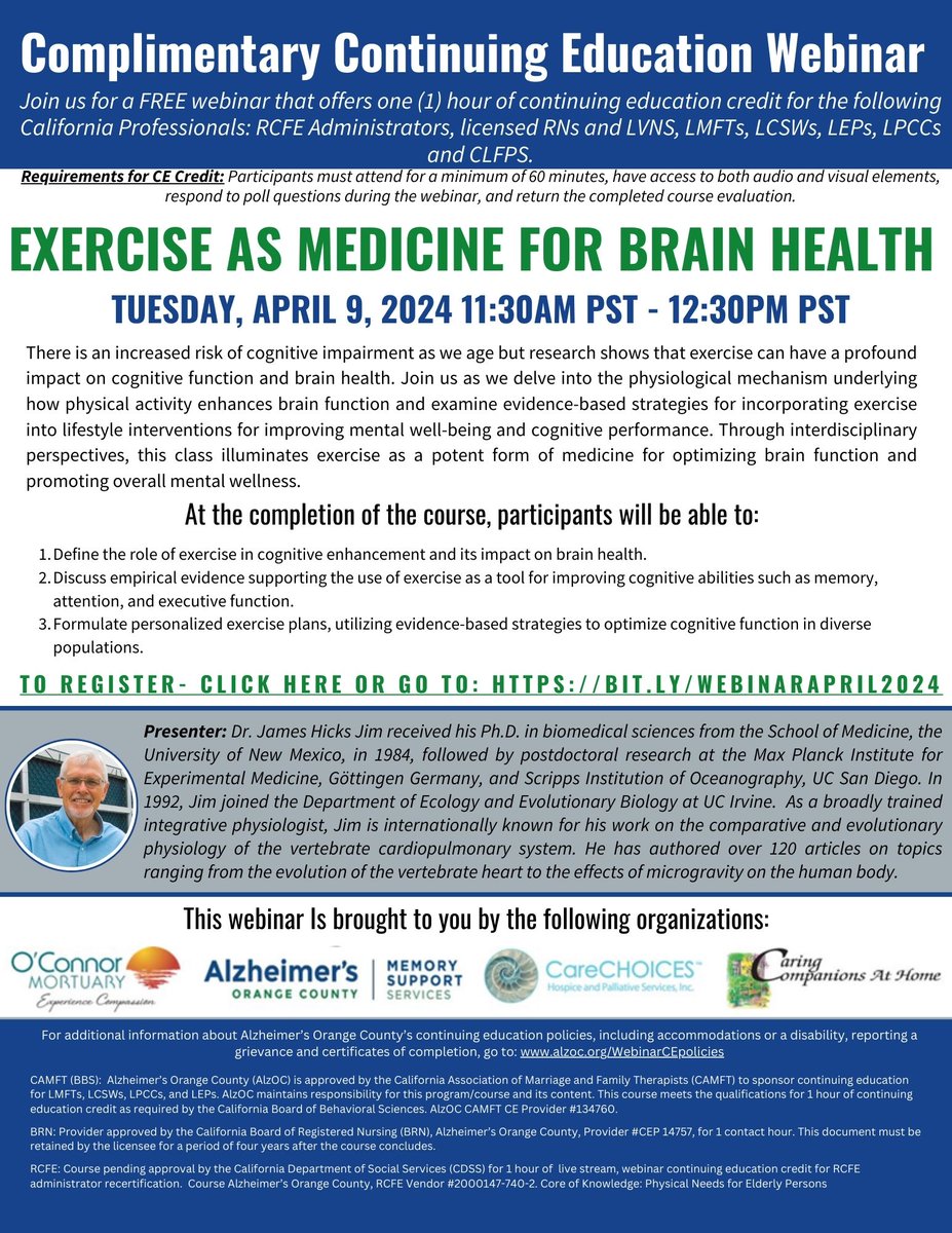 Register for our upcoming webinar: Exercise as Medicine for Brain Health April 9 | 11:30 AM CE credit opportunity offered. Register here: bit.ly/WebinarApril20…