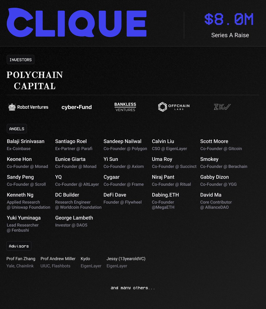 Clique (@clique2046) on Twitter photo Unveiling Clique’s Compute Coordination Network 🌰
Clique is excited to announce a $8m raise led by @Polychain, joined by @RobotVentures, @Balaji, <a href="/sandeepnailwal/">Sandeep | CEO, Polygon Foundation (※,※)</a>, and others.
Clique is building a heterogeneous compute coordination network. More details below 🔽 Unveiling Clique’s Compute Coordination Network 🌰
Clique is excited to announce a $8m raise led by @Polychain, joined by @RobotVentures, @Balaji, <a href="/sandeepnailwal/">Sandeep | CEO, Polygon Foundation (※,※)</a>, and others.
Clique is building a heterogeneous compute coordination network. More details below 🔽