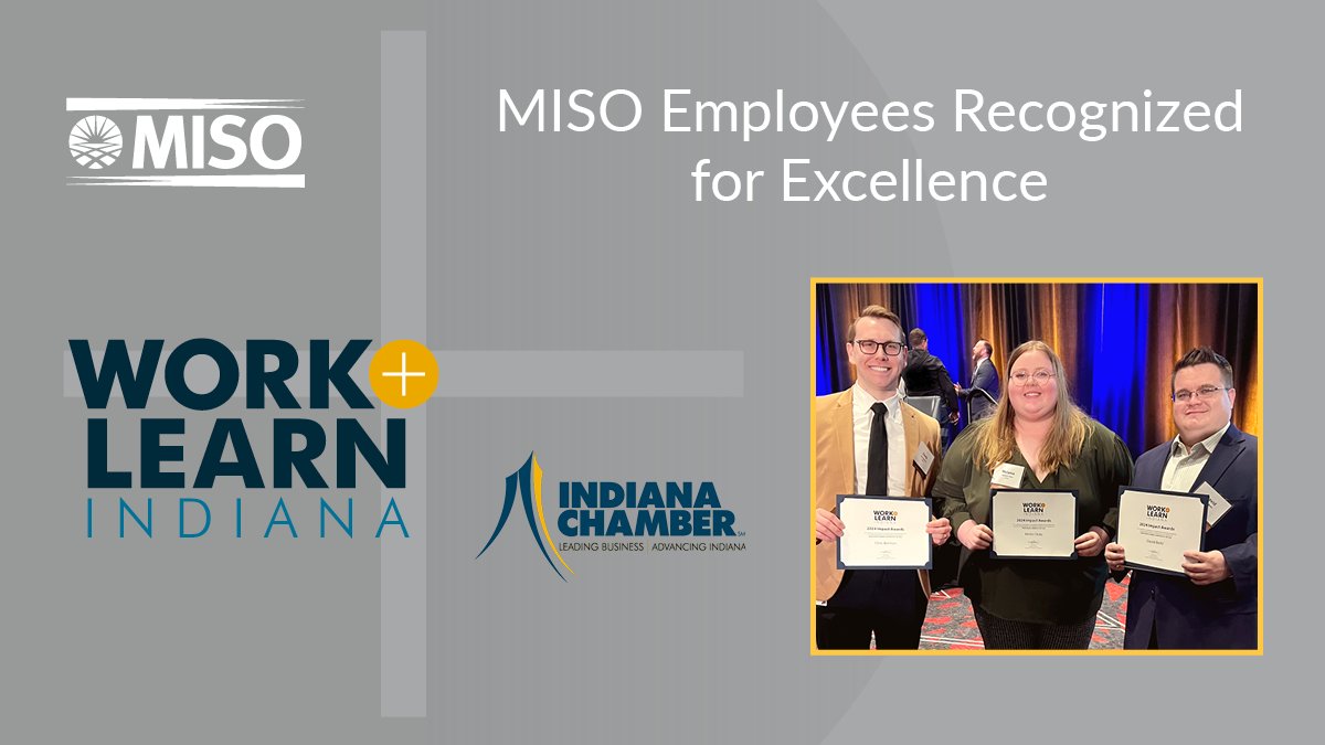 MISO_energy's tweet photo. Congratulations to Chris Beeman, Melanie Chida, David Beihl and Whitney Robbins who were recognized by Work + Learn Indiana for their participation in MISO's internship program. Read our latest blog to learn more: https://t.co/mNbLNGnlCM
#MISOinternship #DiscoverMISO https://t.co/LjzaHDQtbc