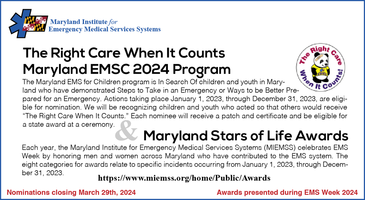 Just two weeks remaining to submit your nominations for the 2024 Maryland Stars of Life and Right Care When It Counts awards! To nominate, or for more information, go to miemss.org today!