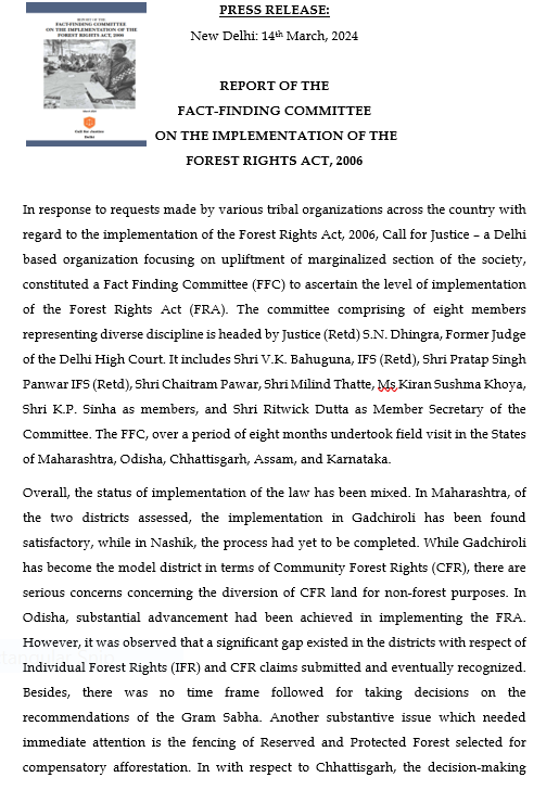 lifeindia2016's tweet photo. The Report of the  Fact Finding Committee  on the Implementation of the Forest Rights Act, 2006 headed by Justice (Retd. ) S.N Dhingra was released today. It evaluates the implementation of the FRA in select districts of Assam, Karnataka, Chhattisgarh, Odisha and Maharashtra. https://t.co/RRjZwOR0z6