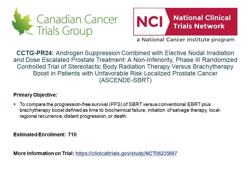 Newly Activated #NCTN #ProstateCancer Trial: (CCTG-PR24) Androgen Suppression Combined With Nodal Irradiation and Dose Escalated Prostate Treatment (ASCENDE-SBRT), led by @CDNCancerTrials Learn more: buff.ly/3wSfjEh