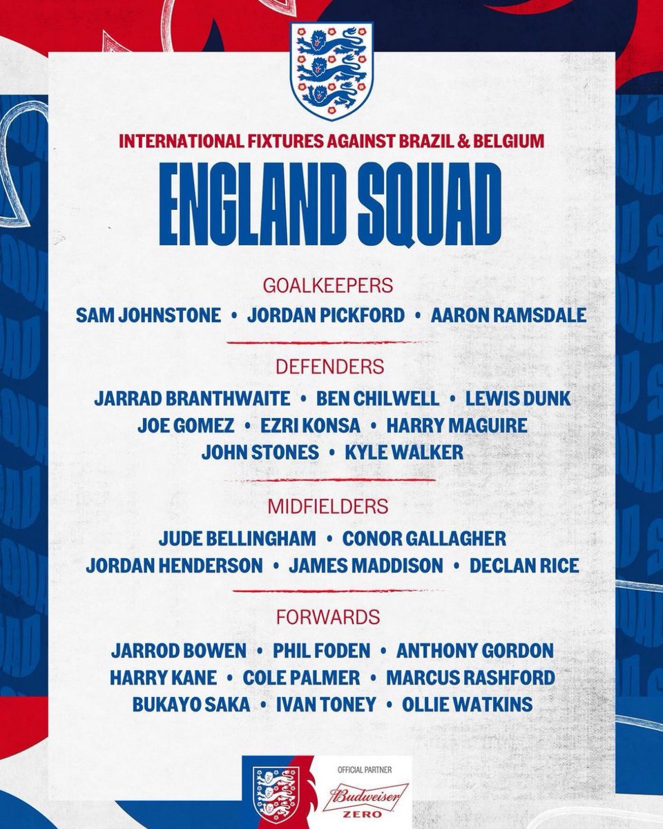 🚨🏴󠁧󠁢󠁥󠁮󠁧󠁿 Southgate’s official list for England. Branthwaite, Bowen, Toney and Anthony Gordon have been called up. Kobbie Mainoo, out.