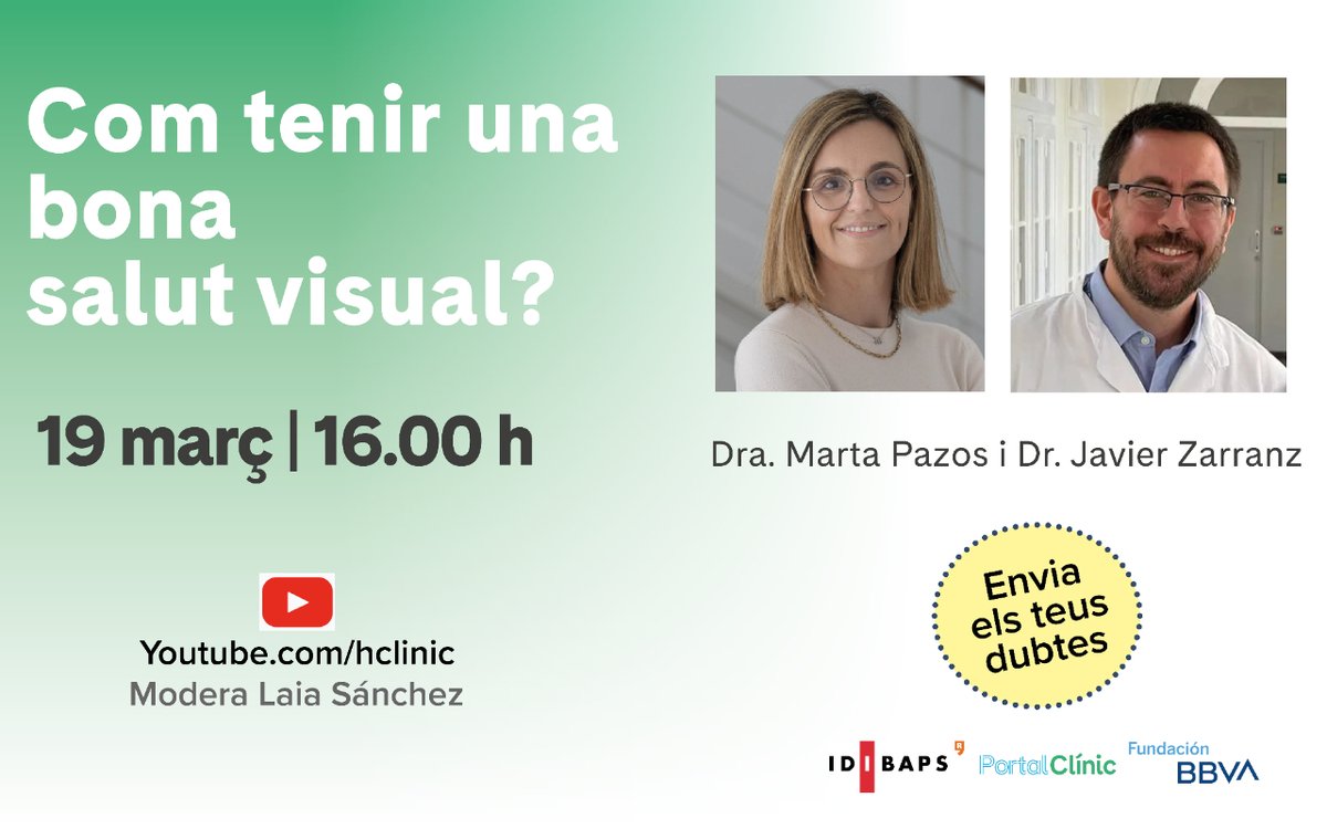 Parlem de #SalutVisual amb la Dra. @MartaPazosMD i el Dr. @JavierZarranz, oftalmòlegs del #CLÍNIC. 📅 Dimarts 19/03 🕓 16 h 📍 Directe per YouTube Envia les teves preguntes 👉 tinyurl.com/mfxhjayf #ulls #glaucoma #dmae #vista #PortalCLÍNIC @FundacionBBVA