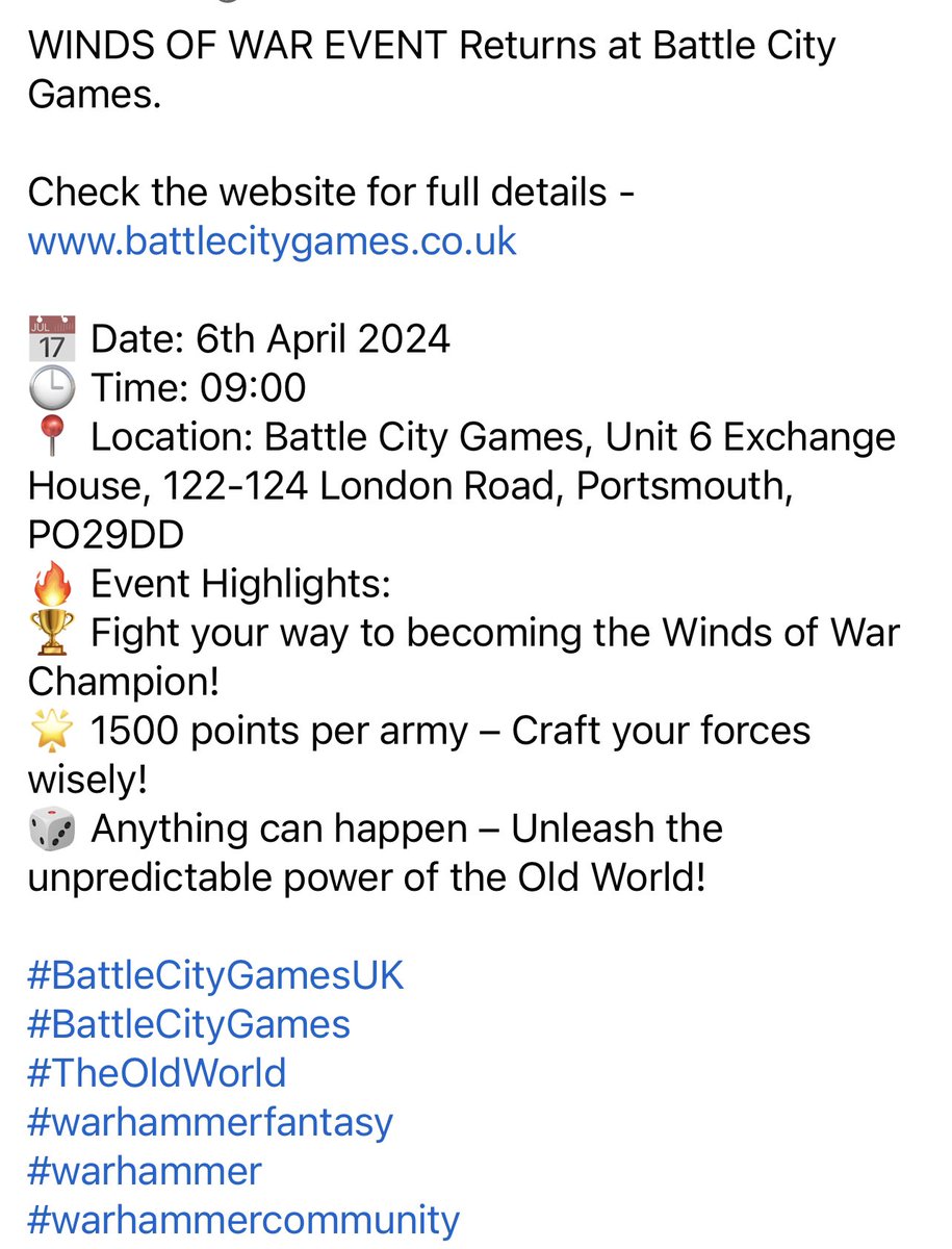 <a href="/warhammer/">Warhammer Official</a> #theoldworld returns to <a href="/BattleCityGs/">Battle City Games Ltd</a>, 6th April 2024, tickets selling fast, don’t miss out! Book your space now! #oldworld #battlecitygames
