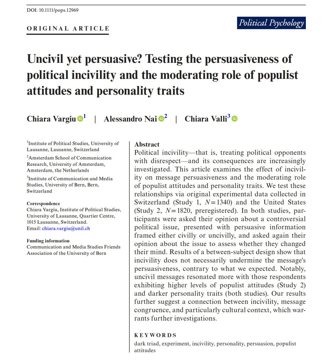 🚨New paper out at @Journal_PoPs with dream team @chiara_vargiu @chiaralisavalli Experiments in🇨🇭🇺🇸 show that incivility can be persuasive... ... especially for more aggressive ppl (high populism, dark personality) ➡️osf.io/e28xh/ Open data: osf.io/e28xh/