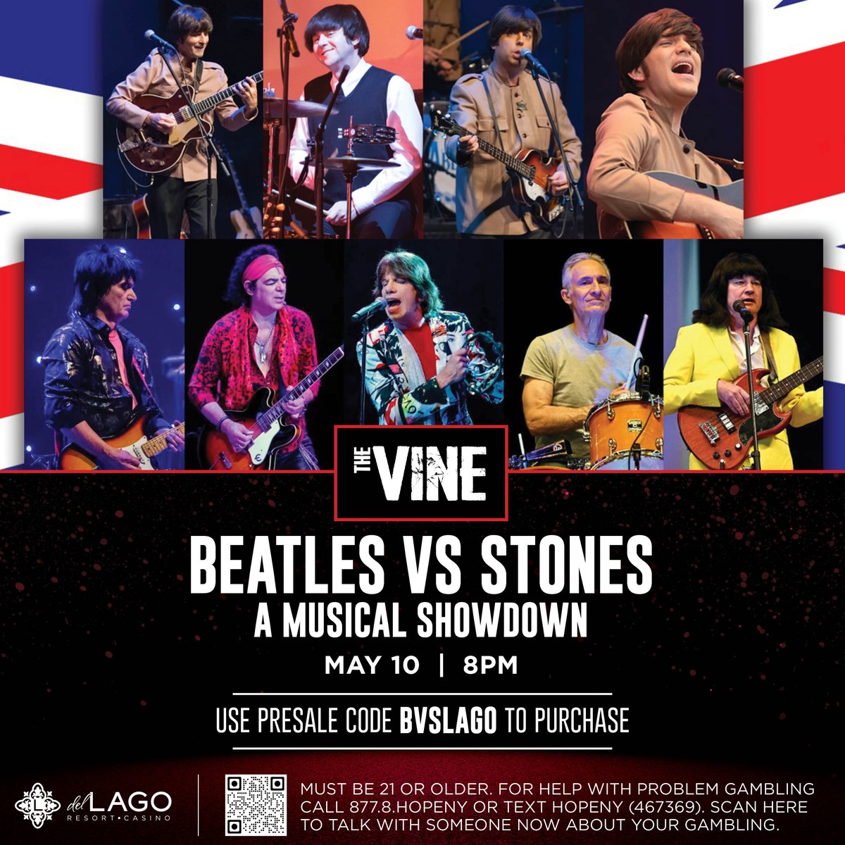 PRESALE TIME 👏 Use code 'BVSLAGO' to grab your tickets for Beatles vs. Stones - A Musical Showdown on Friday, May 10 at 8PM. Presale closes this Friday, March 15 at 9AM. #delLagoNY #AtTheVine Click here for your tickets: loom.ly/g1UVVKk