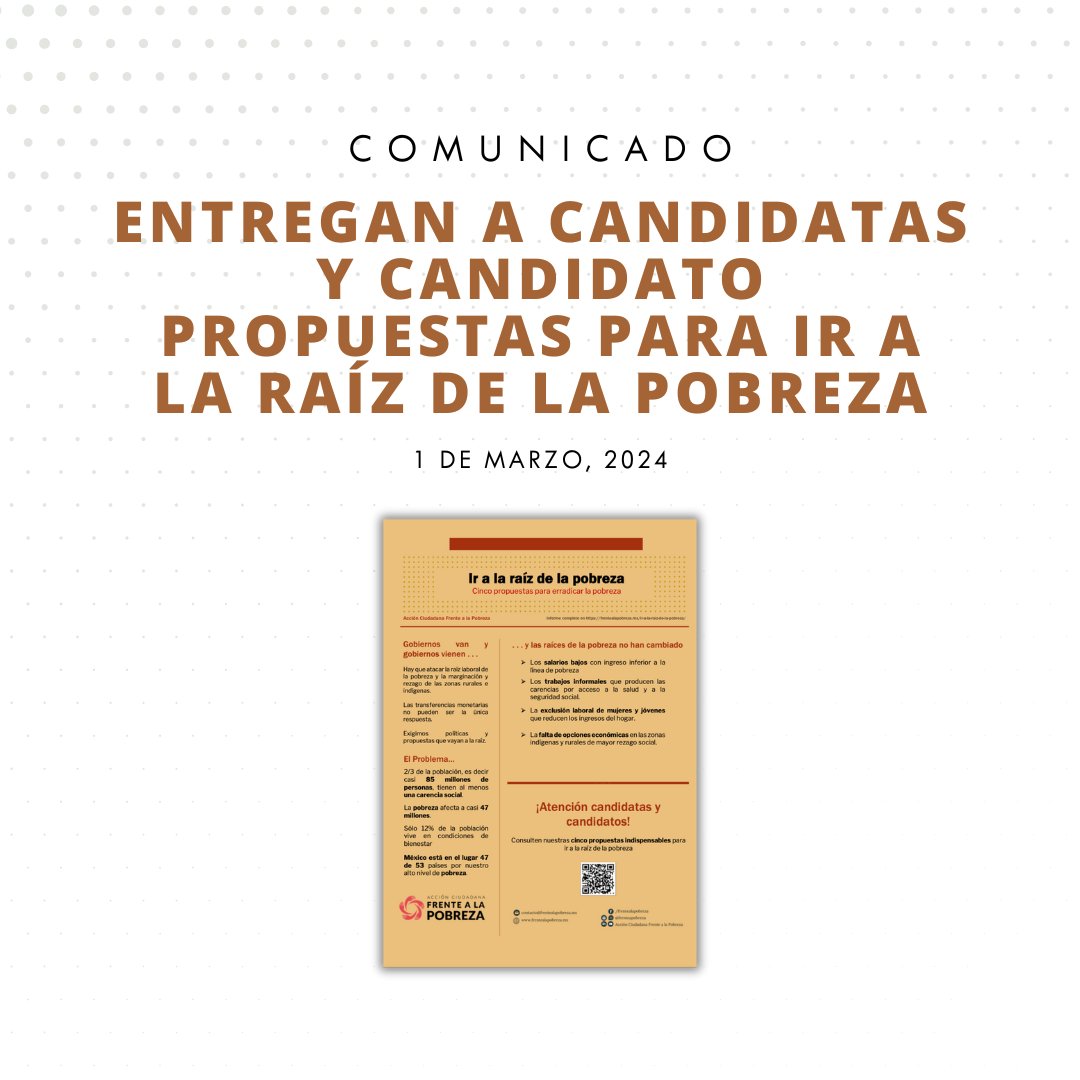 #NotaDelDía | Más de 60 organizaciones integradas en la Acción Ciudadana Frente a la Pobreza entregan 5
propuestas a las 2 candidatas y al candidato.

Sintoniza el 96.1 FM de <a href="/RadioUNAM/">Radio UNAM</a> o <a href="/RNicolaita/">Radio Nicolaita</a>, conversamos con Paulina Gutiérrez, coordinadora de <a href="/FrenteaPobreza/">Acción Ciudadana Frente a la Pobreza</a>.