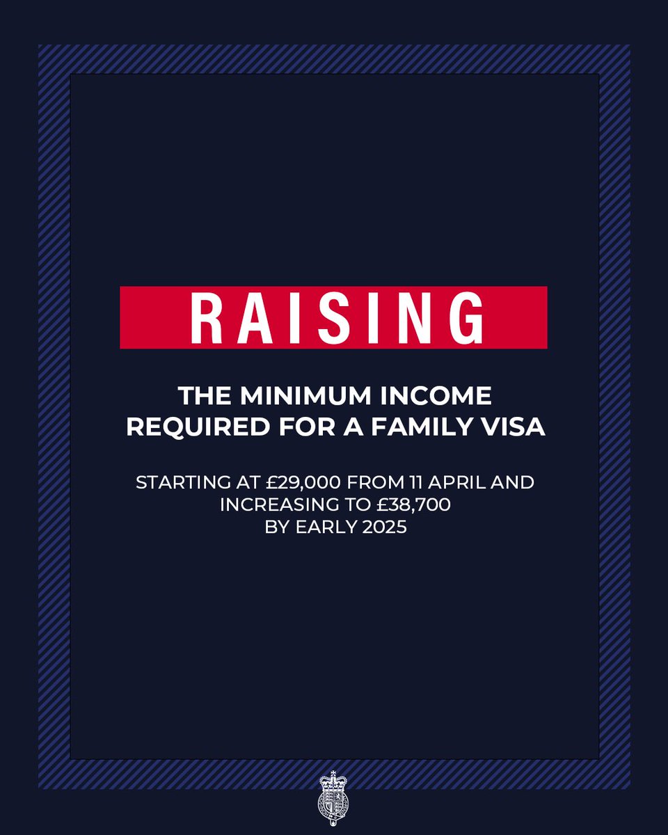 JamesCleverly's tweet image. Migration is too high. 

We have to bring the numbers down to create a fairer system for the British people.

It is right that people only bring dependants to the UK they can support.

That’s why we’ve laid orders to increase the family visa minimum income requirement.