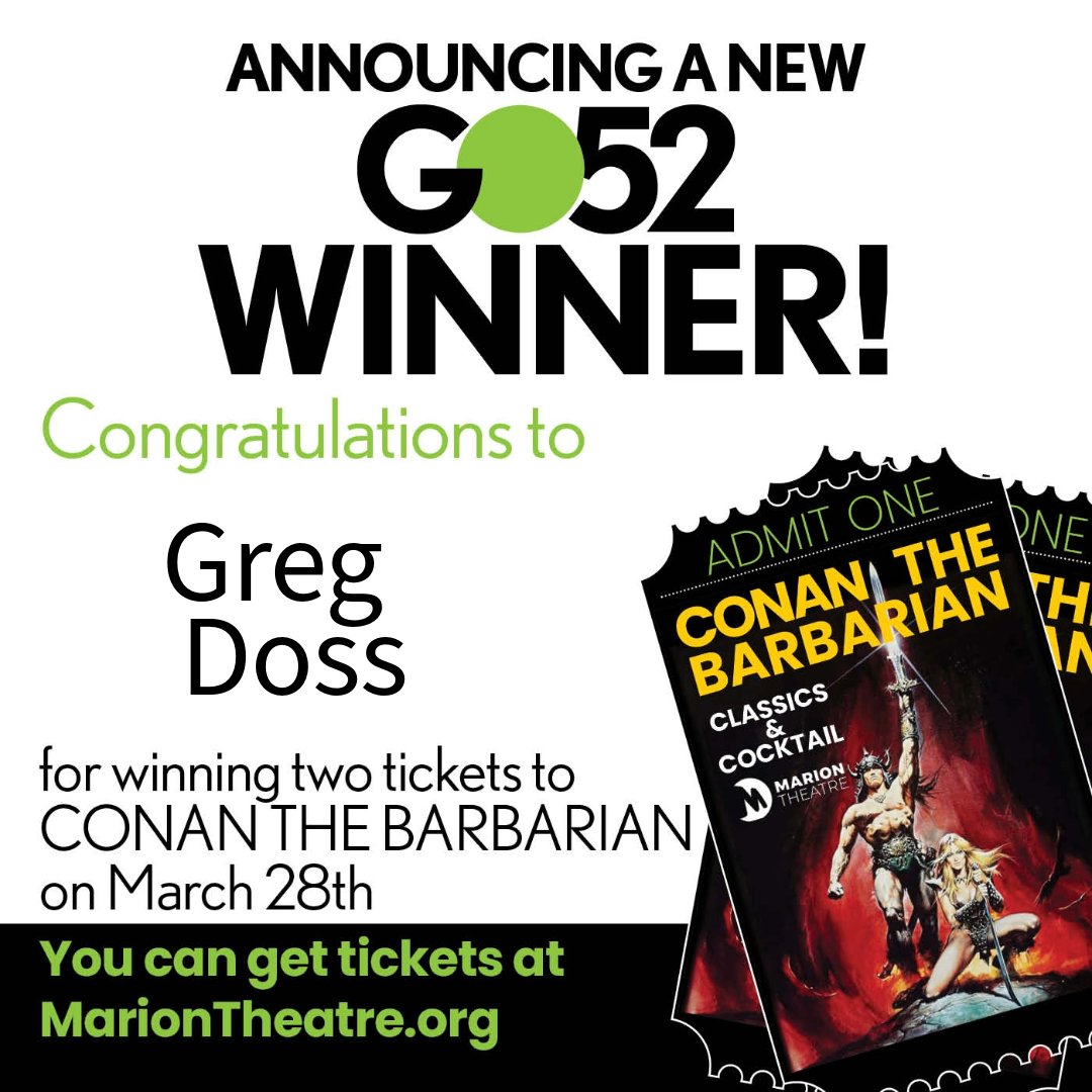 go52events's tweet photo. Congratulations to Greg Doss for winning 2 tickets to see Conan The Barbarian at The Marion Theatre!
Get your tickets at https://t.co/zyGTZJRbq7!
.
#go52events #winner #contestwinner #artsandculture #ocalaarts #ocala #ocalamarion #marioncounty #theatre #thingstodo #giveaway https://t.co/XD5rmXUi5w