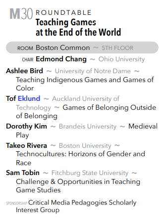 Also in Session M, check out "Teaching Games at the End of the World," featuring Edmond Chang, Ashlee Bird, Tof Eklund, Dorothy Kim, Takeo Rivera, and Sam Tobin. Join them at 6pm in Boston Common!
