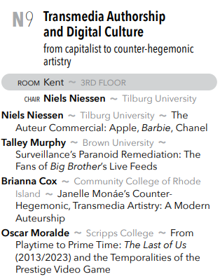 Happy Sunday #scms24 team! We have one more day of games and play-related panels to hype.

First, you can catch Oscar Moralde's presentation on "From Playtime to Primetime: The Last of Us and the Temporalities of the Prestige Video Game" in Kent at 10:15am.