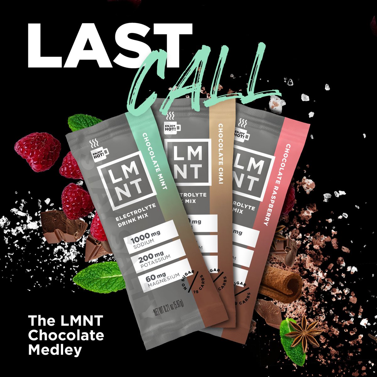 Hot cocoa and coffee season isn't over yet. Chocolate Mint, Chocolate Chai, and Chocolate Raspberry makes for cozy hot cocoas — or swirl into coffee for a mean mocha. However you mix your medley, consider this a friendly reminder to replenish your stash: drinklmnt.com/products/lmnt-…