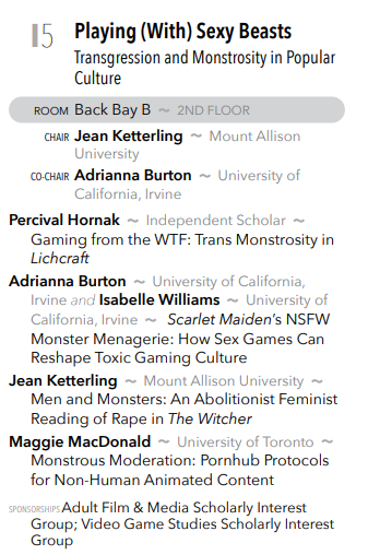 Good morning #scms24! Check our Twitter all day for info on games and play-related panels today.

First up, check out the VGSSIG-sponsored panel "Playing (With) Sexy Beasts" with Jean Ketterling, Adrianna Burton, Percival Hornak, and Maggie MacDonald at 9am in Back Bay B.