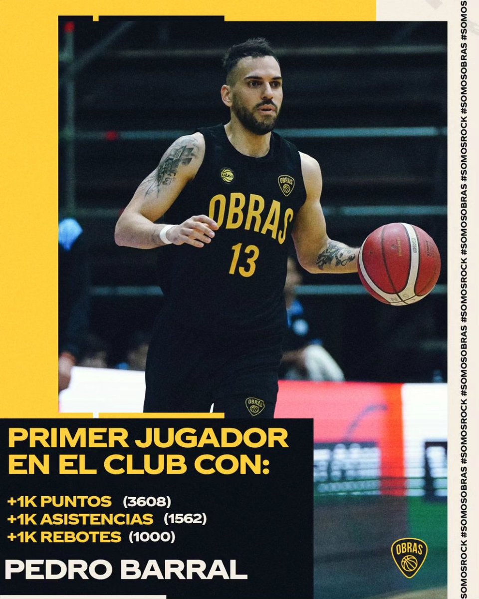 ¡Nuevo club exclusivo! 💯

<a href="/PepoBarral/">Pedro Barral</a> se convirtió este miércoles en el primer jugador con más de mil puntos, rebotes y asistencias en la historia del equipo en la <a href="/LigaNacional/">La Liga</a> 

#SomosObras💛🖤 #SomosRock🤟🎸