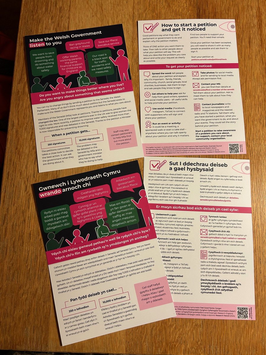 So proud of these leaflets about petitioning the Welsh Parliament / Senedd we co-designed with community organisations Feel Good Factor, @SwanseaCVS, @TPASCymru and @ZarachLeeds (design by @ResearchRetold) - digital version to download here: forms.office.com/Pages/Response…