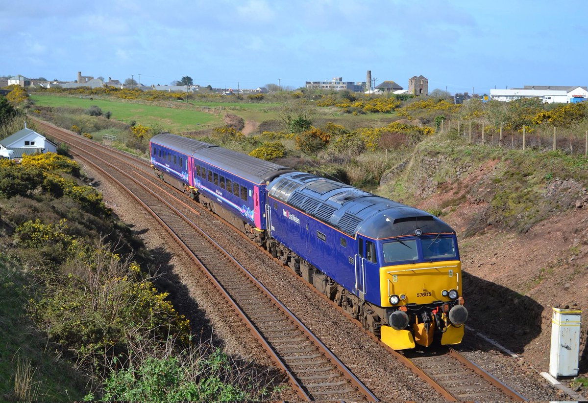 An image from my new book on the Cornish Main Line, published on 18 March by @Platform5Rail. 57605 passes Brea on 8 April 2014 with a Penzance–Plymouth driver training run ahead of the launch of FGW's summer Saturday loco-hauled services on 31 May. bit.ly/49RMw16
