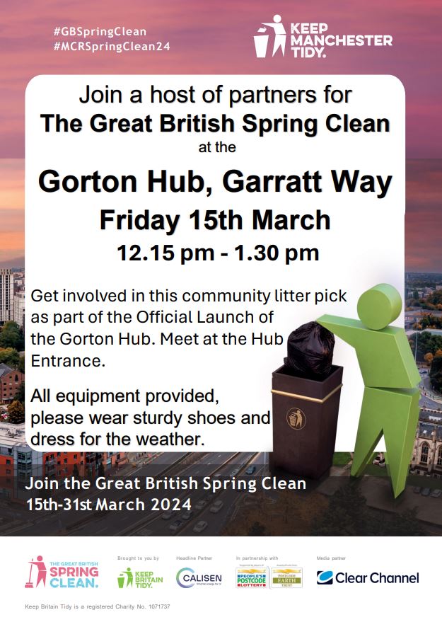 Official Gorton Hub Launch and GB Spring Clean on 15th March, lots of activities for all members of the community. Further details can be found in the attached posters. @OneMcr @CllrJulieReid @JohnHughes55 @GwynneMP @AfzalKhanMCR @GortonLevensINT @MAESDigital @JCPinManchester