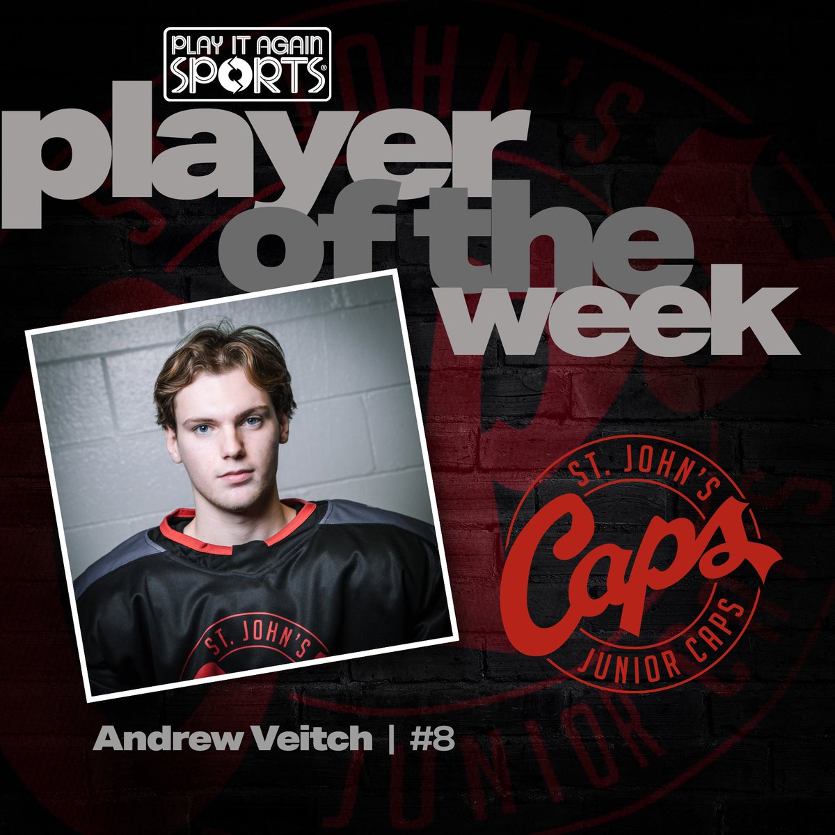 Our first repeat winner!  Andrew Veitch is this week's Play it Again Sports Junior Caps Player of the Week. Andrew's strong play included 5 goals and an assist in 2 games. Congrats, Andrew!  #playeroftheweek
