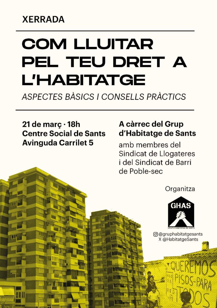 🟡 Vols saber què pots fer si et volen fer fora de casa, et pugen el lloguer o no et renoven? Com funcionarà la regulació de lloguers? Com organitzar-te per lluitar per un habitatge digne, de qualitat i per a tothom?