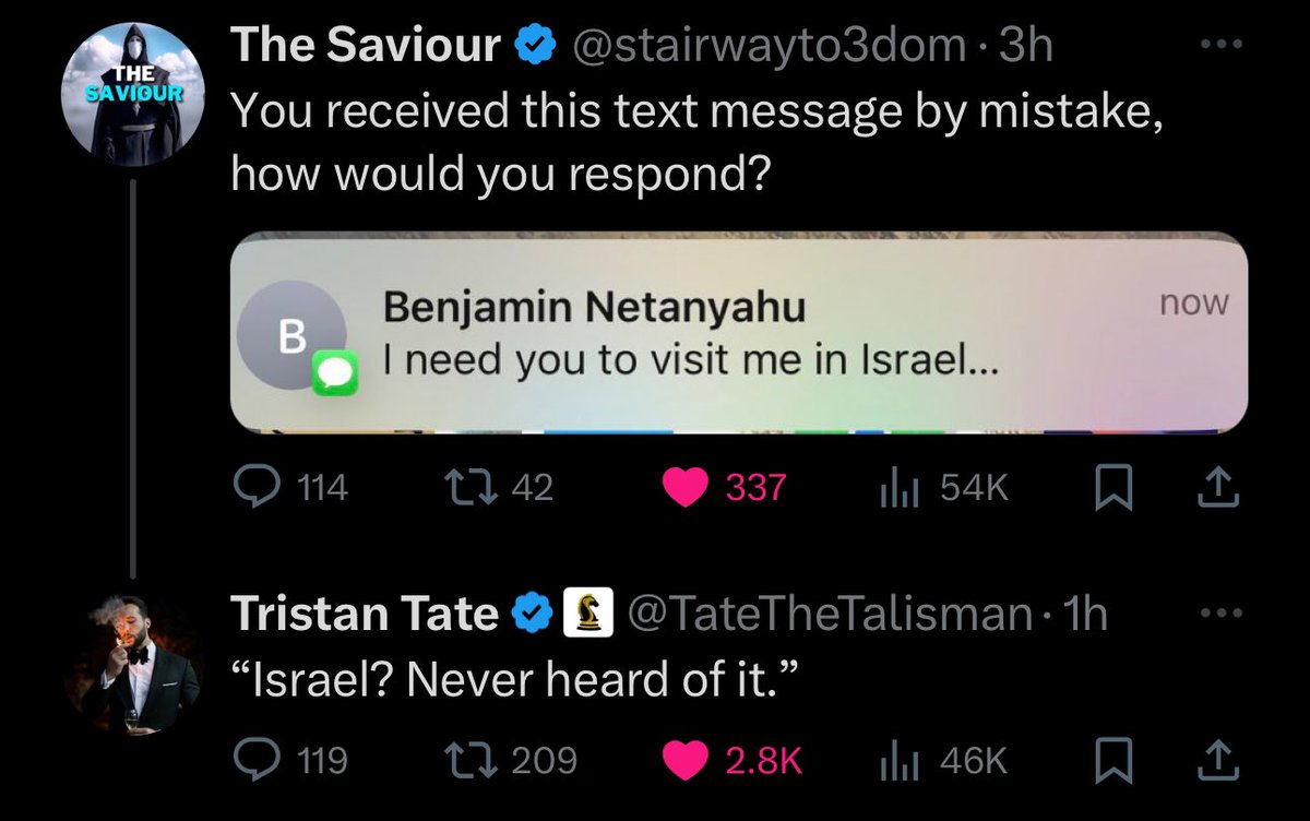 TRISTAN TATE’S RESPONSE IF NETANYAHU ASKED HIM TO VISIT “Israel? Never heard of it.” @TateTheTalisman