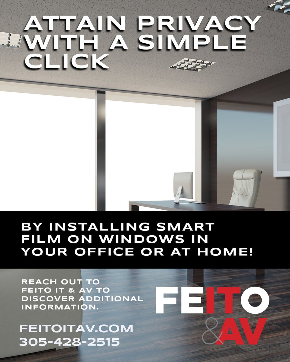 Achieve instant privacy with the installation of smart film on every window in your home or office! Reach out to Feito IT and AV today for a quote.

#SmartFilm #FeitoIT&AV #IT #PrivacySolutions #AV