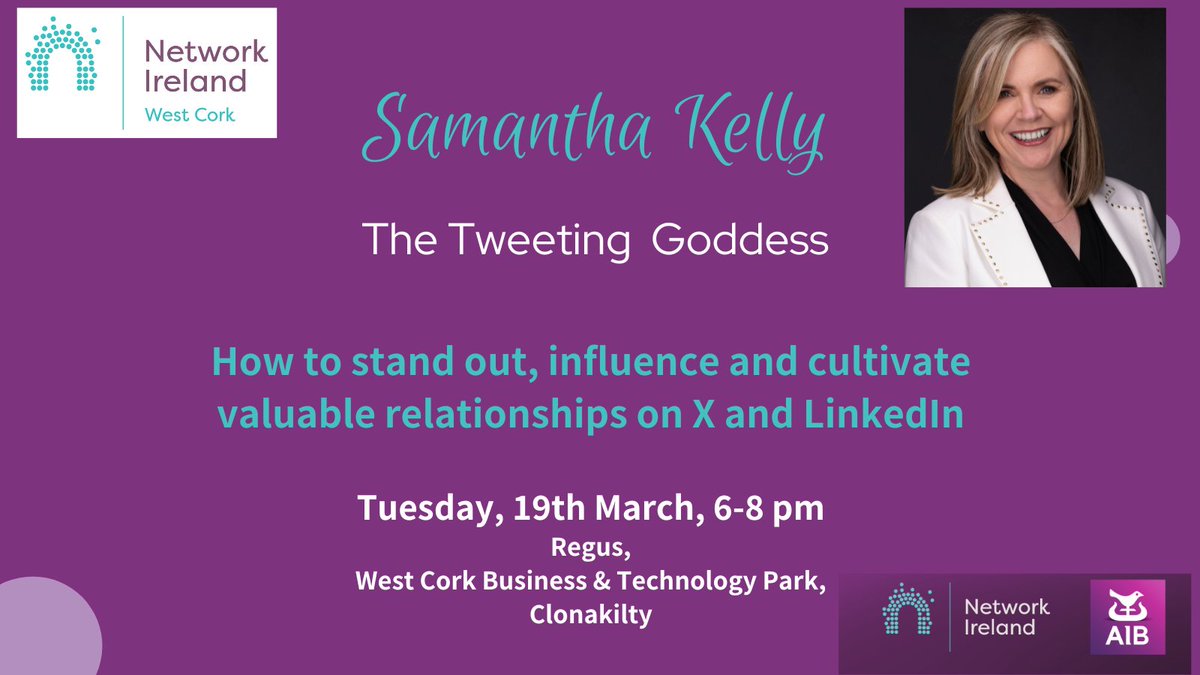 Great @NetIrlWestCork  event happening 19 March in Clon, about using social media to drive online presence. @Tweetinggoddess  Samantha Kelly is a renowned expert in social media, and particularly X & LinkedIn. Book here. networkireland.ie/events/EventDe… #NIWC24 #marketingyoursmallbusiness