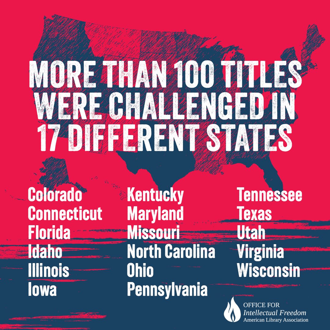 17 states saw attempts to censor more than 100 titles in 2023. Check our interactive map to see the numbers in your state. ala.org/advocacy/bbook… #UniteAgainstBookBans