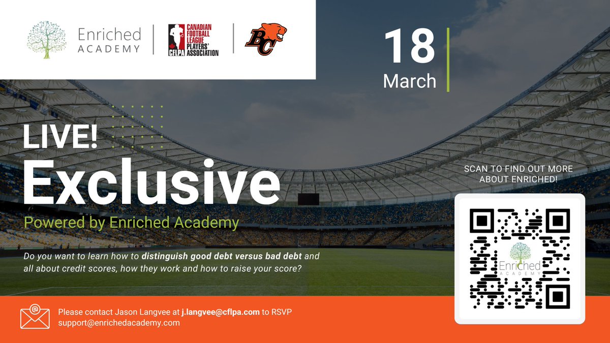 Calling all @BCLions @CFLPA members! If you are in #Surrey next Monday, March 18th @ 1:30PM PT, we are inviting YOU and your FAMILY for a free financial literacy seminar hosted by @enrichedacademy, delving into the world of #Debt & #Credit! RSVP ➡️ Academy@CFLPA.com #TeamCFLPA