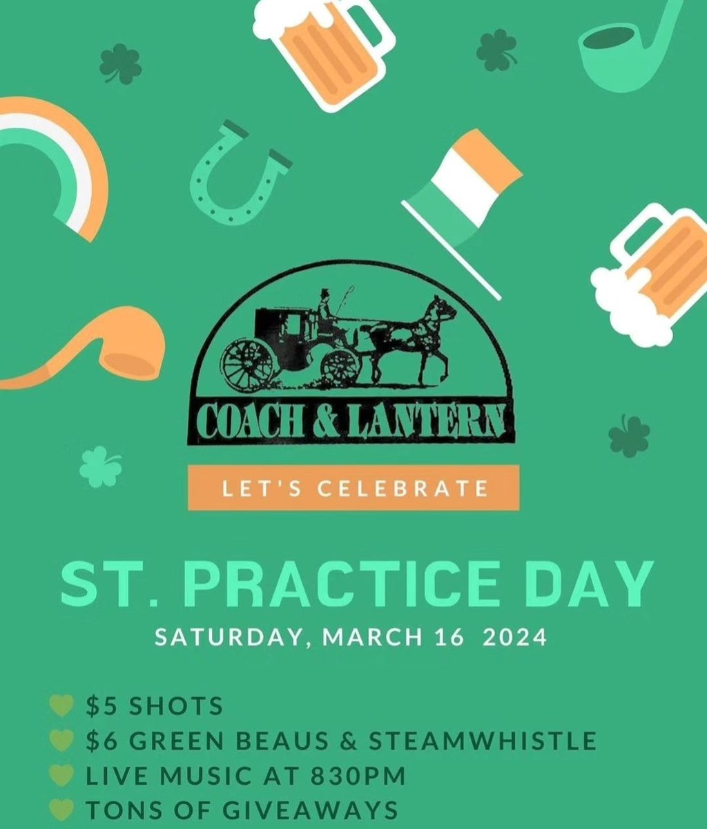 Looking to celebrate this weekend? 🇮🇪 🍀 Coach and Lantern is hosting two separate parties - St Practice Day and St Patrick's Day!

See the pictures for all the details or visit their page for more information.

📍384 Wilson St E #Ancaster