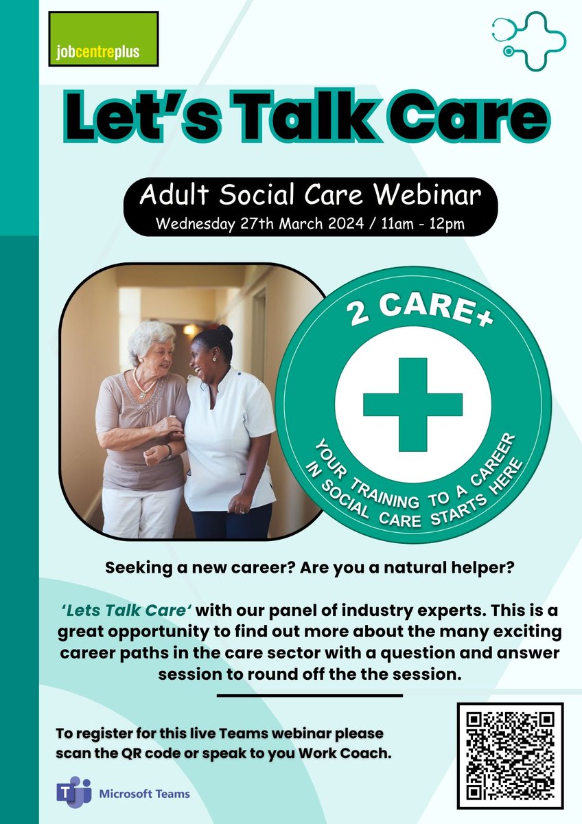 Great opportunity to find out about pathways to Care work here: please scan to code to find out more.