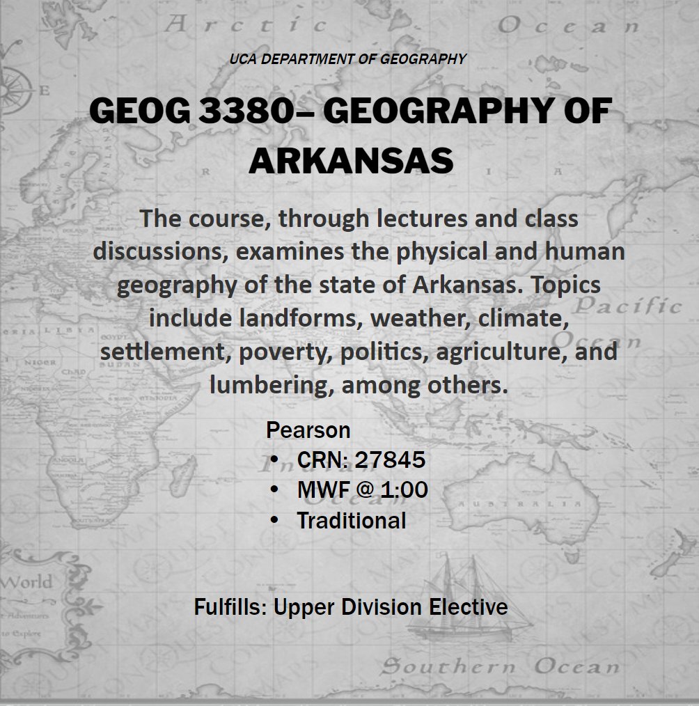 More UCA Fall 2024 geography courses offered: look on myUCA registration 9x to see even more courses!