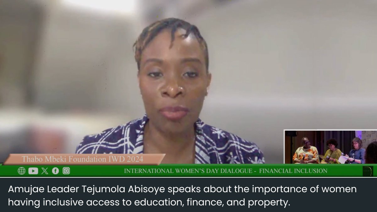 As part of #IWD2024, Amujae Leader <a href="/eoabisoye/">Teju Abisoye</a> joined <a href="/TMFoundation_/">Thabo Mbeki Foundation</a>'s International Women's Day Dialogue panel, discussing women's economic empowerment and exclusion in rural areas.  

Watch the panel: bit.ly/4ac98Jl  

#CountHerIn <a href="/WDBtrust/">The WDB Trust</a>