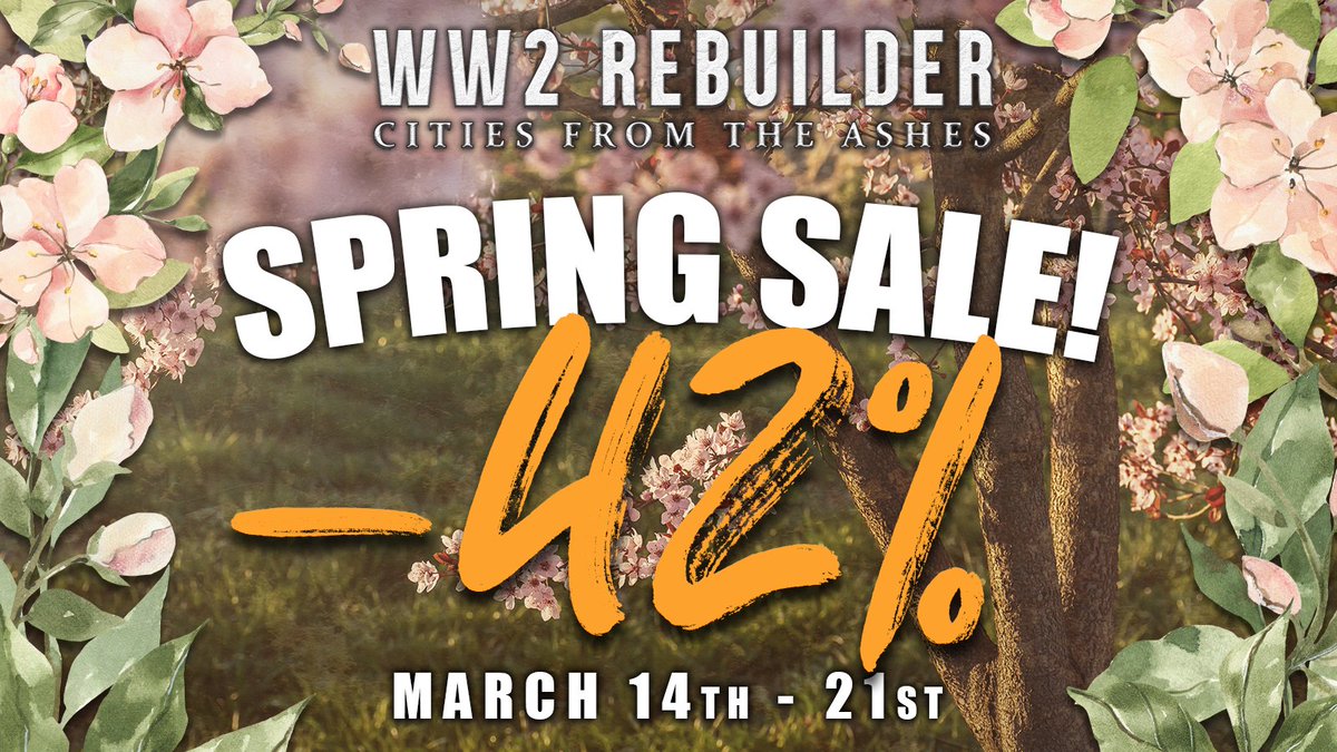 It’s time for the Spring Sale🌸

store.steampowered.com/app/1573280/WW…

From 🗓️March 14th until March 21st🗓️ get WW2 Rebuilder🛠️ with a 42% discount💥

Don’t wait - buy now!

#gamedev #indiegames #history #gaming #ww2 #ww2rebuilder #simulator #builder #Steam
