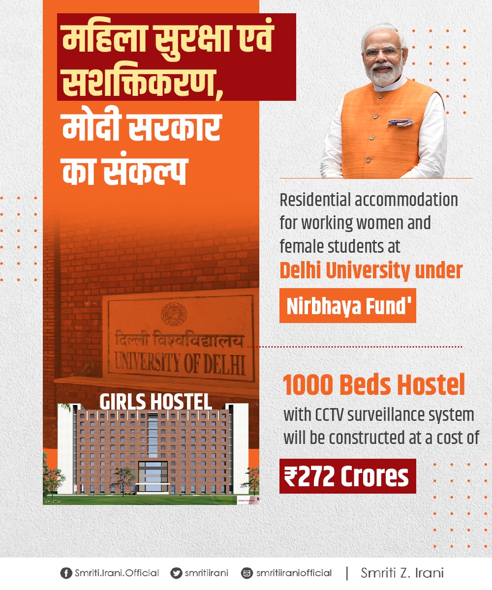 The @MinistryWCD has sanctioned Rs. 272 crore for Residential Accommodation for girls and working women pursuing higher education at Delhi University under the Nirbhaya Fund. Aligned with PM @NarendraModi ji's vision of Viksit Bharat, this initiative empowers working women and