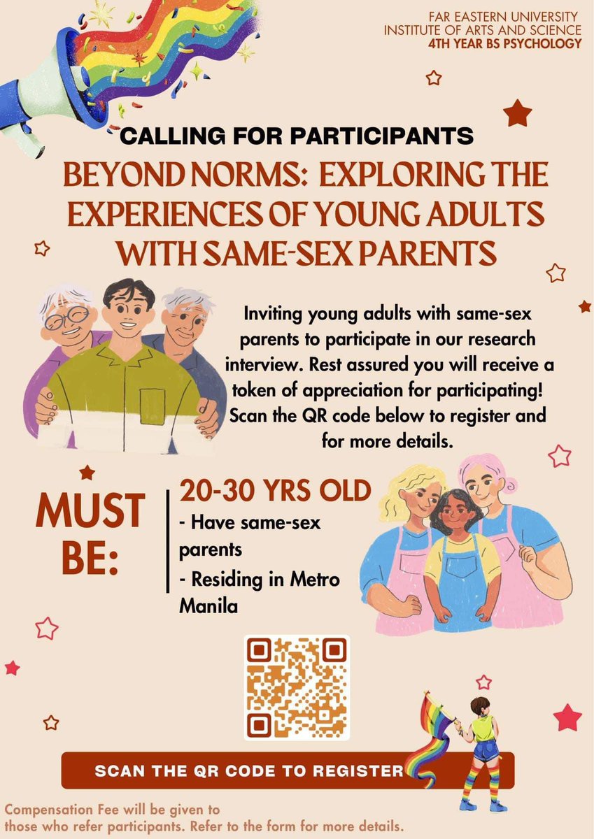 geloaceeeeee's tweet photo. LF: Participants for our study on same-sex parenthood. If you are:
- aged 20-30
-raised by same-sex parents since aged 0-5
- residing in Metro Manila

Your input is invaluable in shedding light on this topic. Retweets are appreciated. Thank you!

 #research #LGBTQIA #PRIDE https://t.co/e4W5vzv6sc