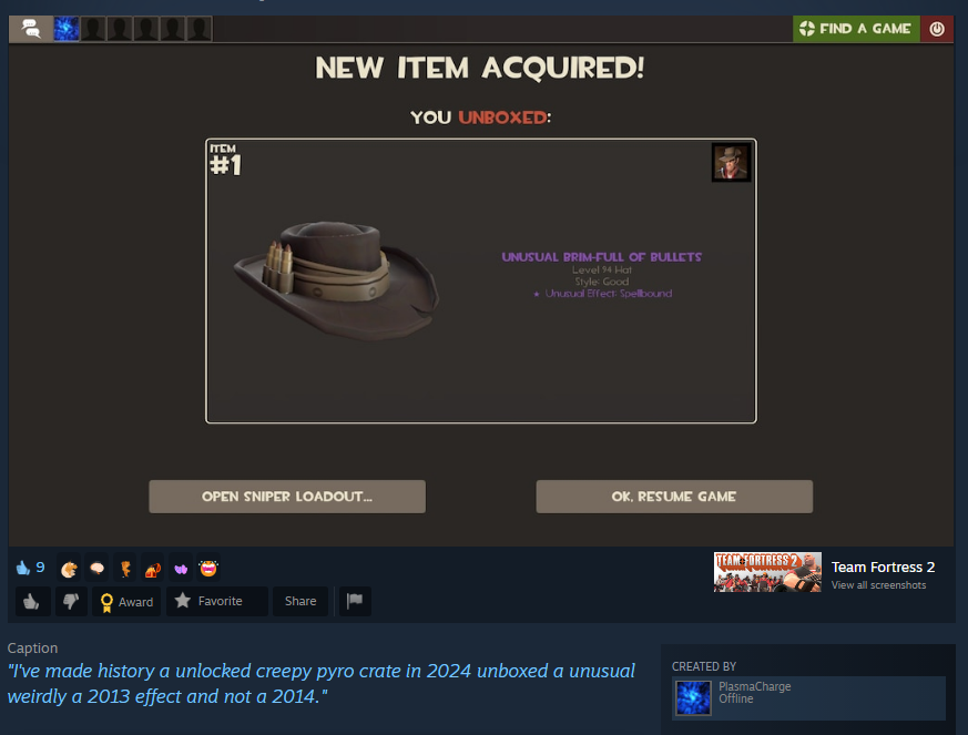 PyroJoe's tweet photo. TF2 HISTORY HAS JUST BEEN MADE

Someone has opened a Spellbound (2013 halloween effect) unusual from an unlocked creepy crate from 2014

Apparently these old unlocked halloween crates can give out 2013 unusual effects, this is HUGE. Never thought i'd see new spellbound unboxes🤯 https://t.co/PsJSpCQIlE