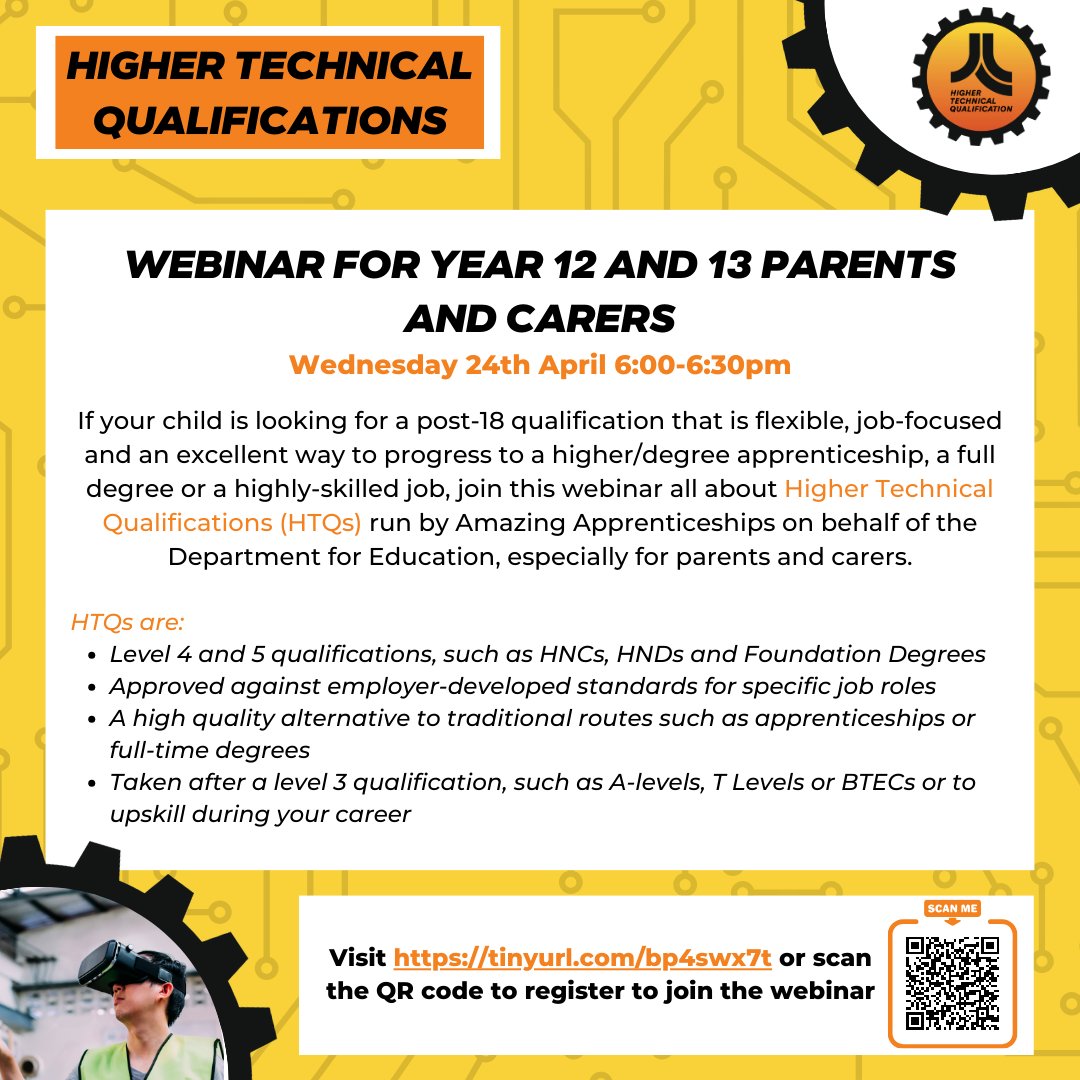 StPaulsSurrey's tweet photo. Amazing Apprenticeships on behalf the Department of Education will be hosting a webinar on Wednesday 24th April at 6pm to help parents and carers understand and explore Higher Technical Qualifications (HTQs) and the opportunities they present. #highertechnicalqualications #HTQs https://t.co/zWkfKlJ8sa