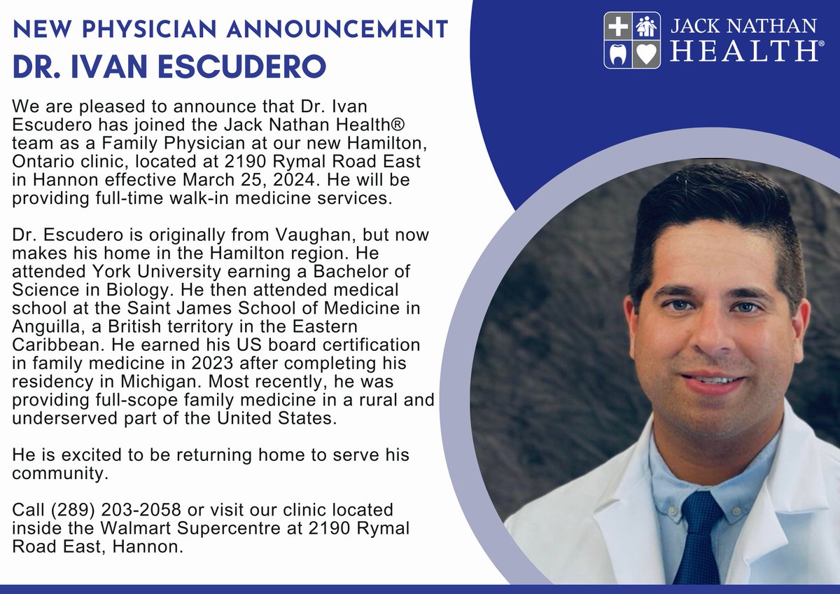 Dr. Ivan Escudero has joined Jack Nathan Health at our walk-in clinic in Hamilton Ontario (2190 Rymal Road inside Walmart Canada) starting March 25, 2024. He will be available Monday to Friday 9-4 (Tuesdays 12-7pm.) We also have Saturday morning coverage. jacknathanhealth.com/walk-in-clinic…