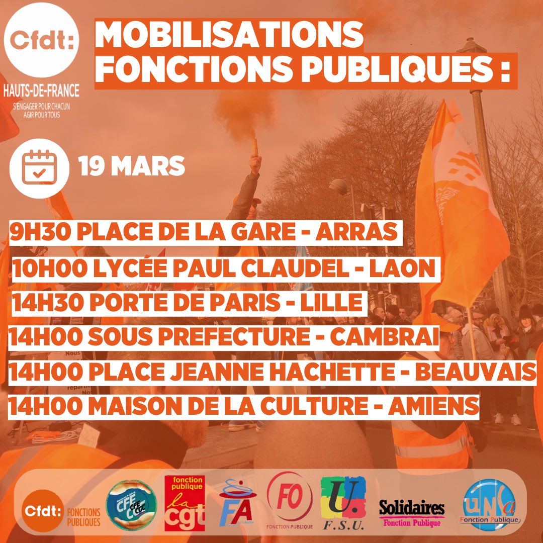 cfdt_hdf's tweet photo. 📢 Mobilisations fonction publique : 

9h30 : Place de la gare à Arras
10h00 : Lycée Paul Claudel à Laon
14h30 : Porte de Paris à Lille
14h : Sous-préfecture de Cambrai
14h : Place Jeanne Hachette à Beauvais 
14h : Maison de la culture à Amiens 

#CFDTHdF #FonctionPublique 📣 https://t.co/JF1w0CI5o4