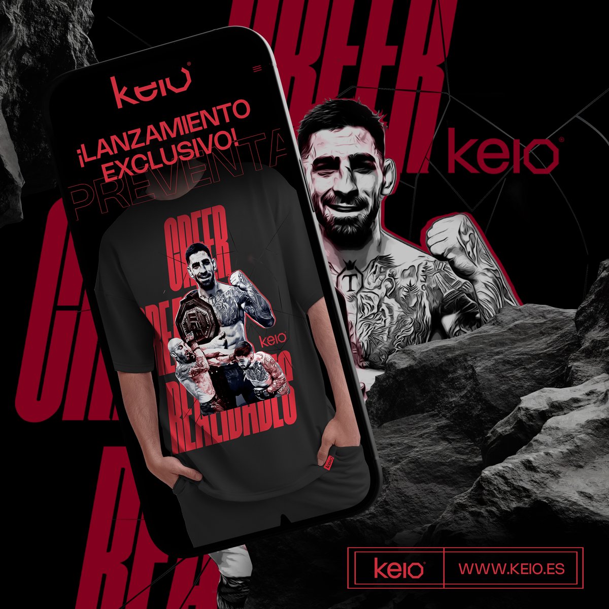 🚨 Desde las 18:00, visita nuestra web y accede a la PREVENTA de nuestra nueva camiseta de @Topuriailia. 📲 🔗 ¡No te quedes sin la tuya! 👉 keio.es #Keio · #KeioMobile · #KeioFit · #KeioConnect · #KeioTV · #KeioFibraYMóvil · #IliaTopuria · #ElMatador · #UFC