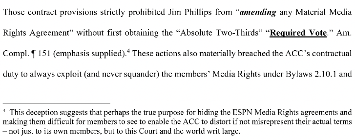 RohanLawPC's tweet photo. 😤🏛️Re-reading the FSU Response to the ACC's Motion to Dismiss filed in FL as I get ready to hop on with @TJ_Pittinger and record a segment for @DoubleFriesPod and I found this nugget on the second read through: Footnote 4 is basically causing the ACC of lying to this court and suggesting that the reason why they don't want to disclose the Media Rights agreements is because the ACC would like the privilege of interpreting the agreement themselves and telling the court what is says, as opposed to letting the court decide for itself what the agreement means...YIKES!!!