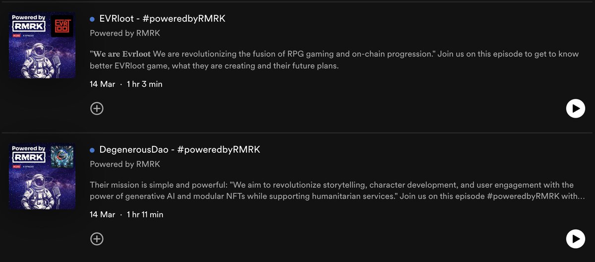 Look (or listen) what's on Spotify now! 😉 First 2 episodes of our podcast #poweredbyRMRK, with @degenerousdao and @EVRL00T These were recorded live during our X Spaces. Every week with a new guest project. Go ahead, listen and give a follow: open.spotify.com/show/2fSZ7UKgq…