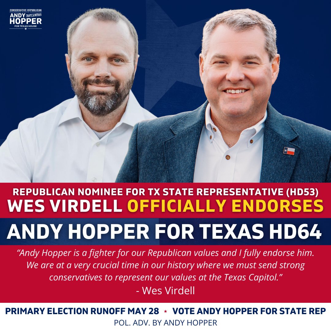 AndyHopperTX's tweet photo. .@WesleyVirdell is a patriot and an ardent defender of the Second Amendment. I look forward to fighting at his side to restore our inalienable #2A rights that have been surrendered over the past century. #HD64 #SaveTexas https://t.co/rag8hkjogP