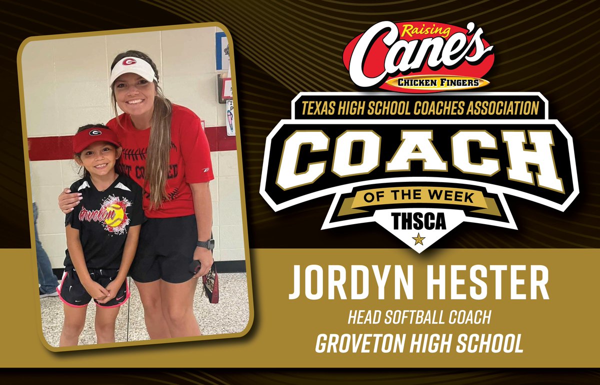 Congratulations to our <a href="/raisingcanes/">Raising Cane's</a> THSCA Coach of the Week, Jordyn Hester, of <a href="/GrovetonIsd/">Groveton ISD</a>! ❤️🥎🖤You make us #THSCAproud!

Coach Doug Sanchez says: "Coach Hester is a hard-working motivator of a coach. She strives for the girls to achieve greatness every day not just on game